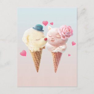 Love at First Lick: Bichon & Cat Ice Cream Art Announcement Postcard