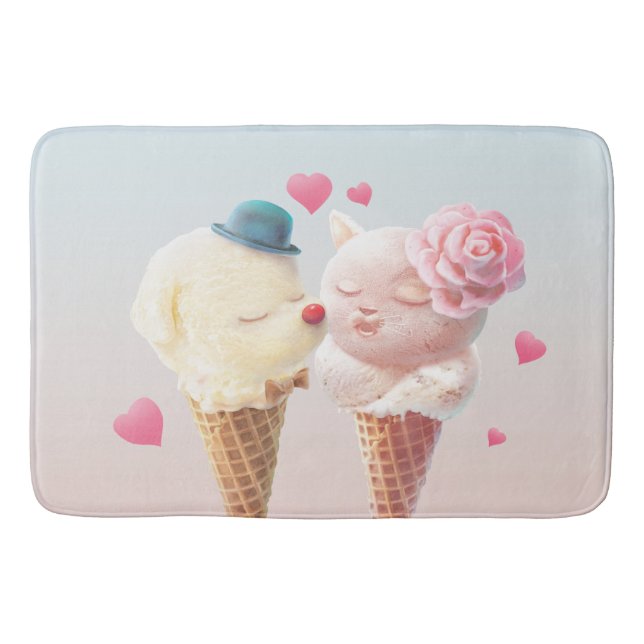Love at First Lick: Bichon & Cat Ice Cream Art Bath Mat (Front)