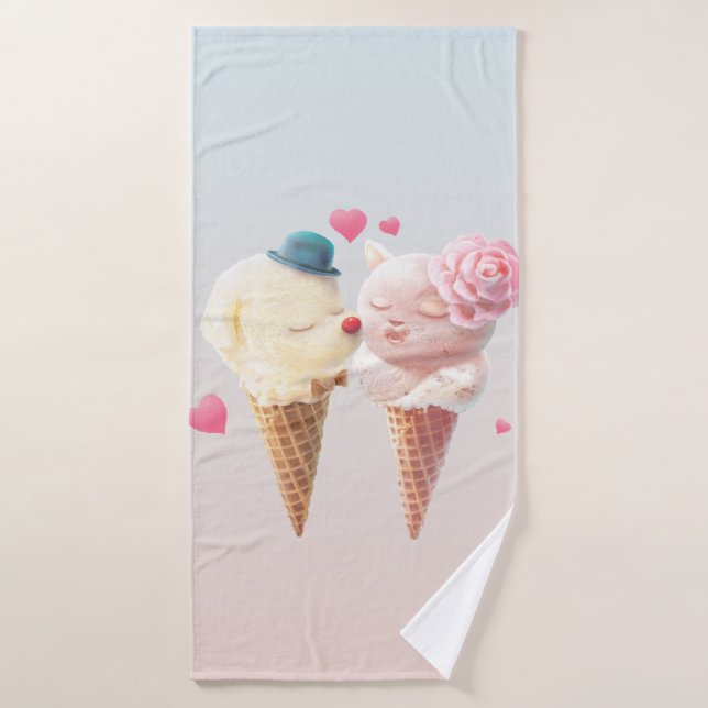 Love at First Lick: Bichon & Cat Ice Cream Art Bath Towel (Bath Towel)