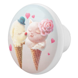 Love at First Lick: Bichon & Cat Ice Cream Art Ceramic Knob