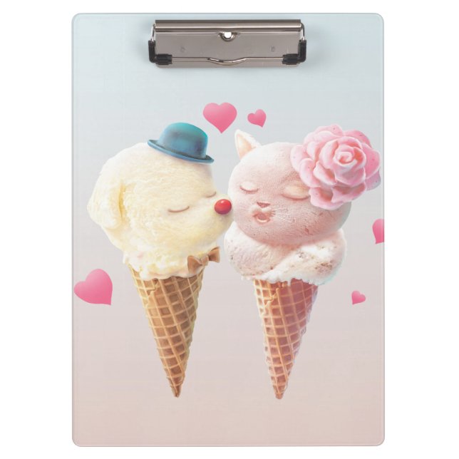 Love at First Lick: Bichon & Cat Ice Cream Art Clipboard (Front)