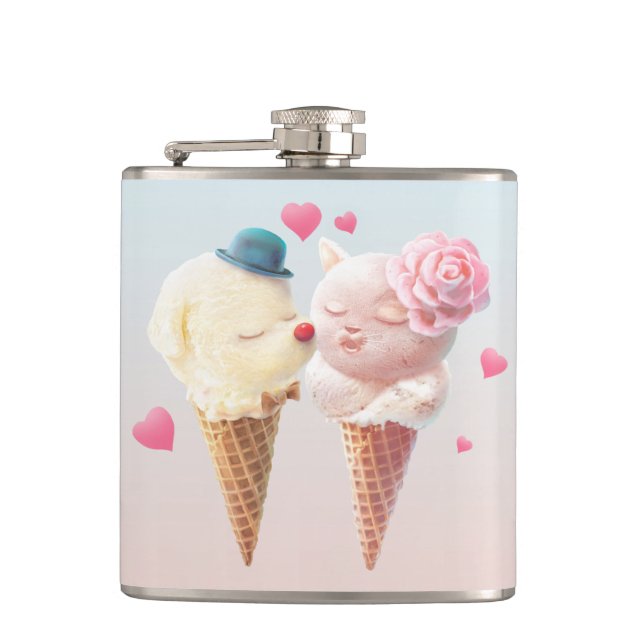 Love at First Lick: Bichon & Cat Ice Cream Art Flask (Front)