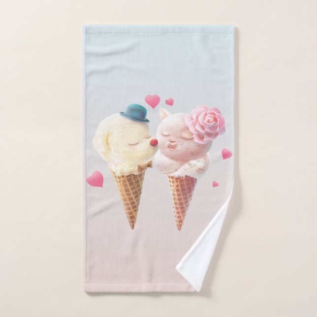 Love at First Lick: Bichon & Cat Ice Cream Art Hand Towel (Hand Towel)