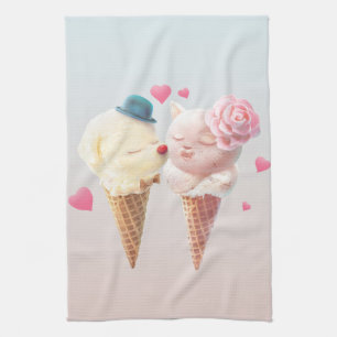 Love at First Lick: Bichon & Cat Ice Cream Art Kitchen Towel