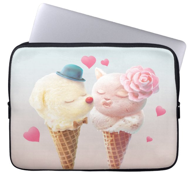 Love at First Lick: Bichon & Cat Ice Cream Art Laptop Sleeve (Front)