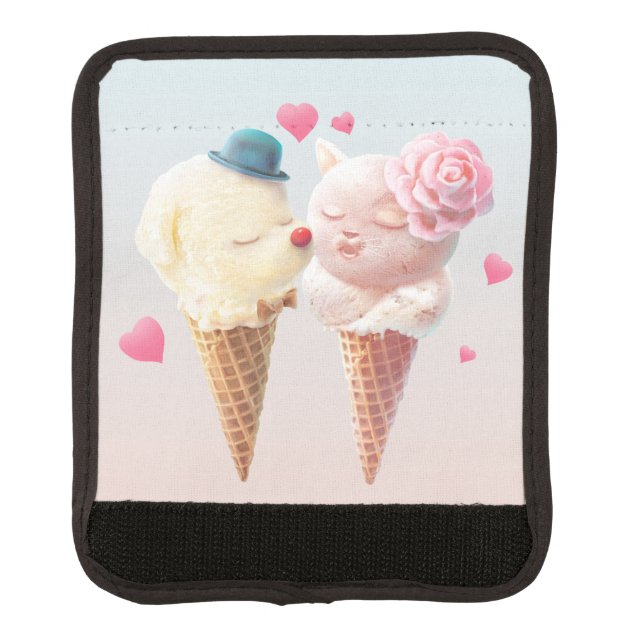 Love at First Lick: Bichon & Cat Ice Cream Art Luggage Handle Wrap (Front)