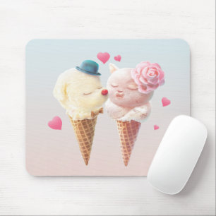 Love at First Lick: Bichon & Cat Ice Cream Art Mouse Pad