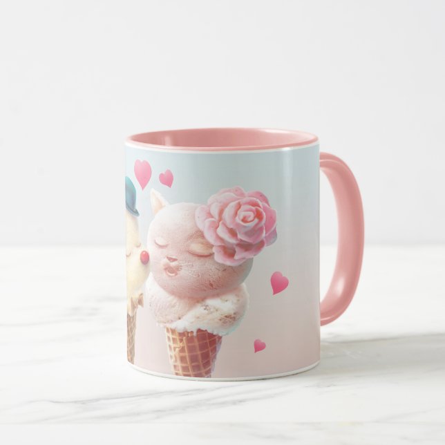 Love at First Lick: Bichon & Cat Ice Cream Art Mug (Front Right)