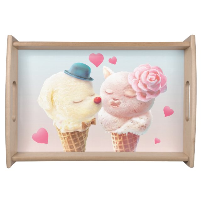 Love at First Lick: Bichon & Cat Ice Cream Art Serving Tray (Front)