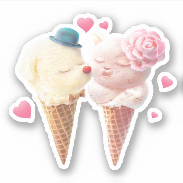Love at First Lick: Bichon & Cat Ice Cream Art Sticker (Front)