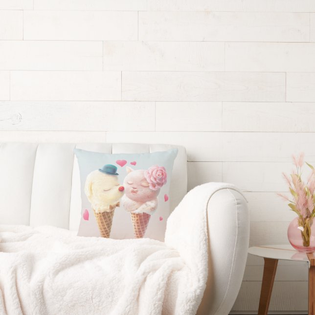 Love at First Lick: Bichon & Cat Ice Cream Art Throw Pillow (Couch)