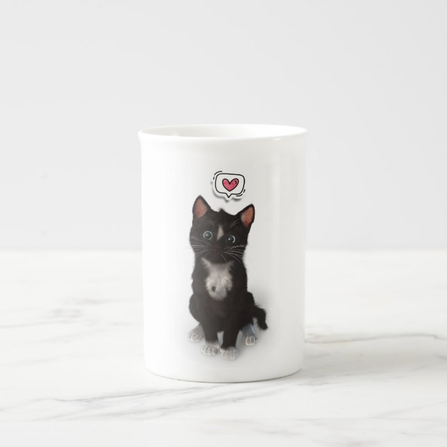 Love at First Purr: Felini’s Fluffy Heart Bone China Mug (Front)