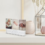 Love at First Sight | Baby Photo Block<br><div class="desc">Simple and modern baby photo keepsake block features three of your favorite newborn photos aligned side by side, with a white band along the bottom reading "love at first sight" in light grey, flanked by your little one's name and birth stats. A modern and minimal gender neutral design that makes...</div>
