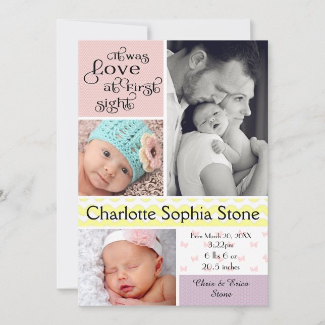 Love at First Sight Colorful Collage - Girl Announcement (Front)