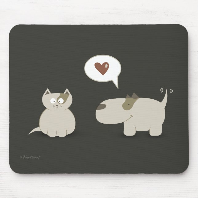 Love At First Sight Cute Cat Dog Mouse Pad (Front)