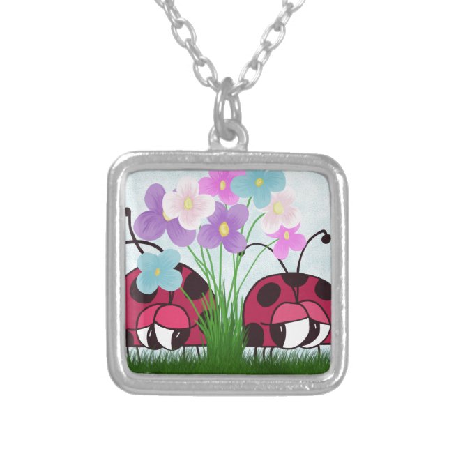 Love At First Sight Cute Ladybug Illustration Silver Plated Necklace (Front)