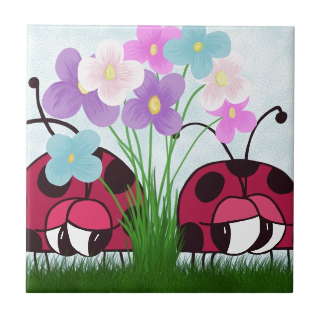 Love At First Sight Cute Ladybug Illustration Tile (Front)