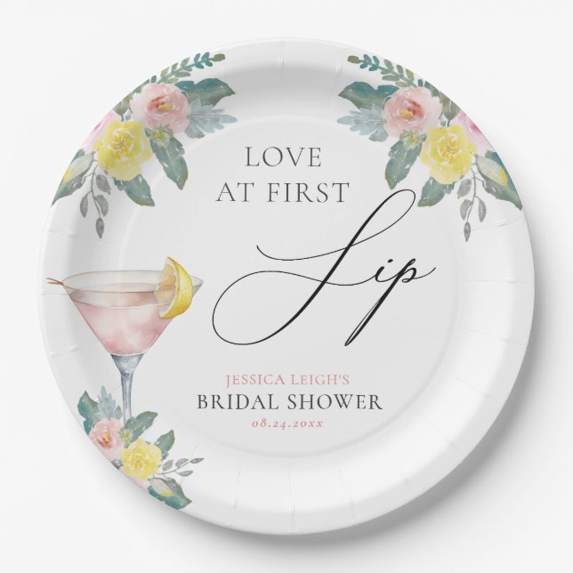 Love at First Sip Bright Cocktail Bridal Shower Paper Plates (Front)