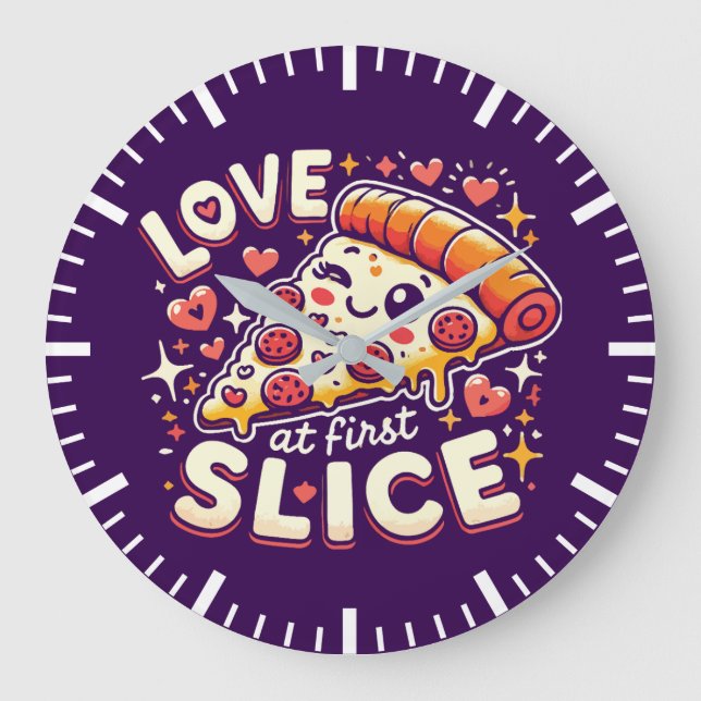 Love at First Slice, Cute Funny Pizza Lover Humor Large Clock (Front)