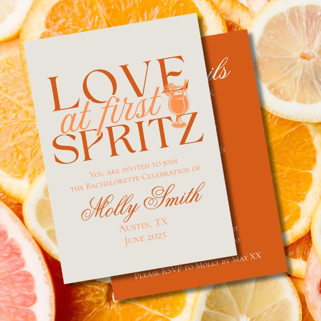 Love at First Spritz Bachelorette Invitation (Love at First Spritz invite with modern orange font – perfect for engagement or bridal celebrations!)