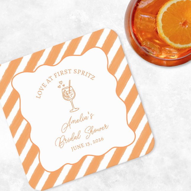 Love at First Spritz Bridal Shower Italian Aperol  Square Paper Coaster (Creator Uploaded)
