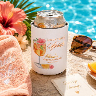 Love at First Spritz Bridal Shower Orange White Can Cooler