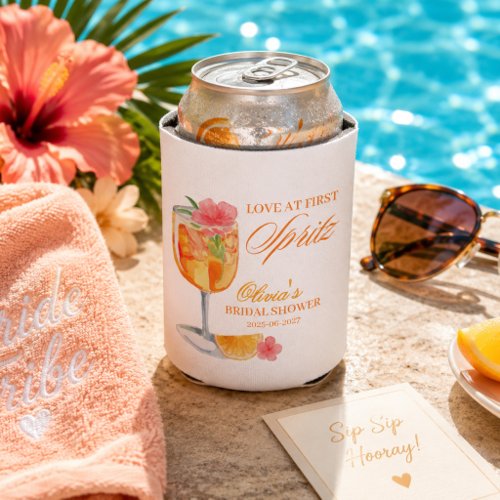 Love at First Spritz Bridal Shower Orange White Can Cooler