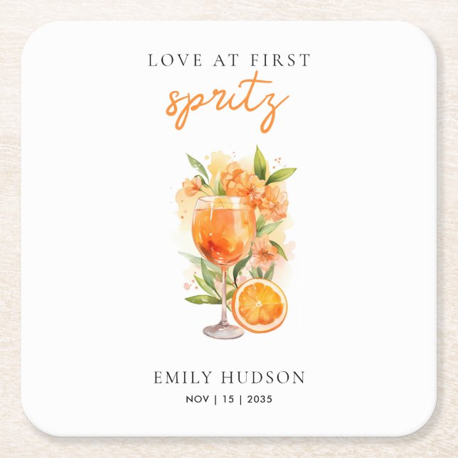 Love at First Spritz Bridal Shower Square Paper Coaster (Front)