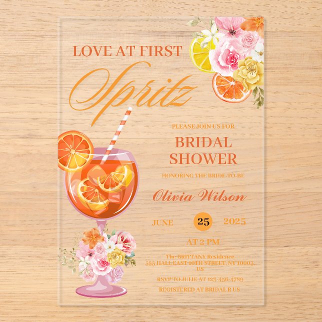 Love at First Spritz Floral Cocktail Bridal Shower Acrylic Invitations (Front)