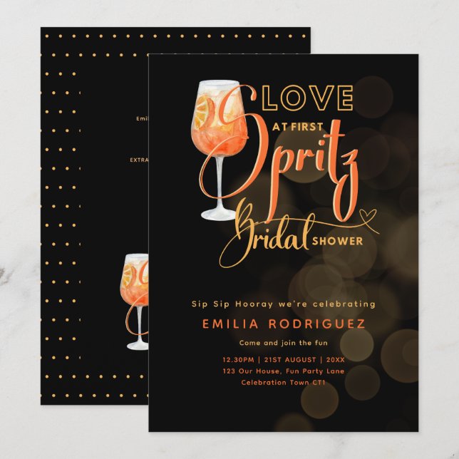 Love at First SPRITZ Modern Orange Bridal Shower Invitation (Front/Back)