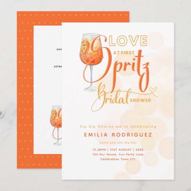 Love at First SPRITZ Modern Orange Bridal Shower Invitation (Front/Back)