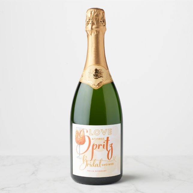 Love at First SPRITZ Modern Orange Bridal Shower Sparkling Wine Label (Front)