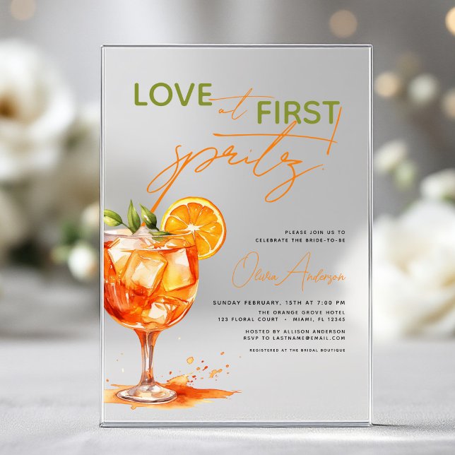Love at First Spritz Orange Bridal Shower  Acrylic Invitations (Creator Uploaded)