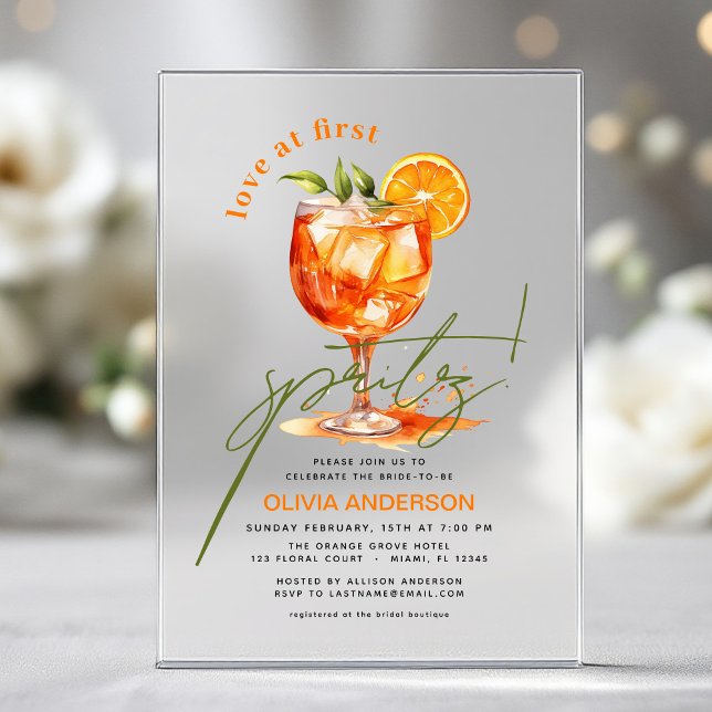 Love at First Spritz Orange Bridal Shower  Acrylic Invitations (Creator Uploaded)