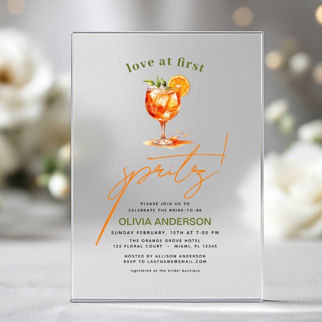 Love at First Spritz Orange Bridal Shower  Acrylic Invitations (Creator Uploaded)