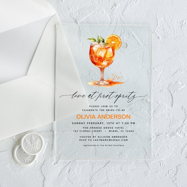 Love at First Spritz Orange Bridal Shower  Acrylic Invitations (Creator Uploaded)