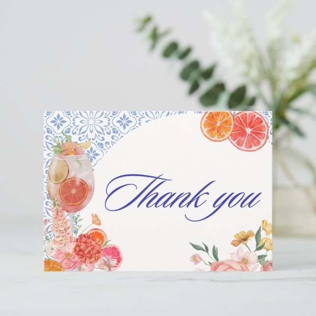 Love at first spritz orange bridal shower thank you card (Standing Front)