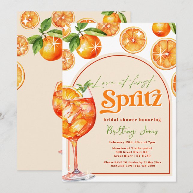 Love at First Spritz Orange Groovy Bridal Shower Invitation (Front/Back)