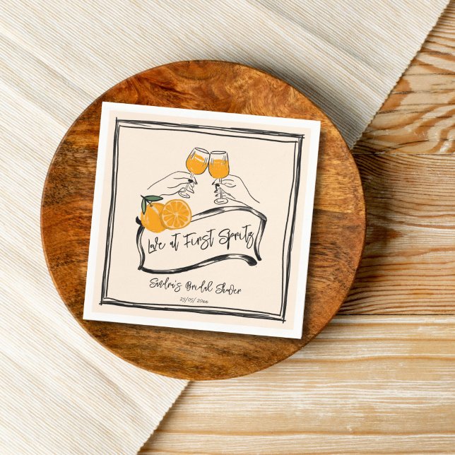 Love at first spritz retro orange bridal shower napkins (Love at first spritz retro orange hand drawn sketch border bridal shower template napkins modern )