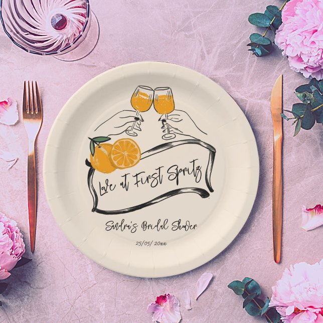 Love at first spritz retro orange bridal shower paper plates (Love at first spritz retro orange bridal shower template paper plates personalized tableware decor)