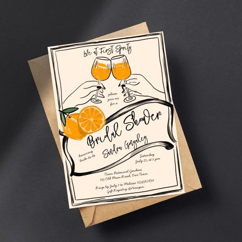 Love at first spritz retro orange sketch invitation