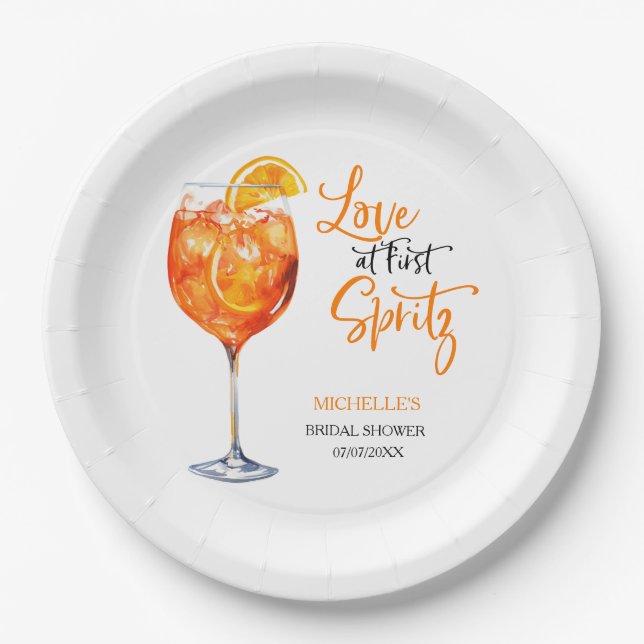 Love at First Spritz Summer Cocktail Bridal Shower Paper Plates (Front)