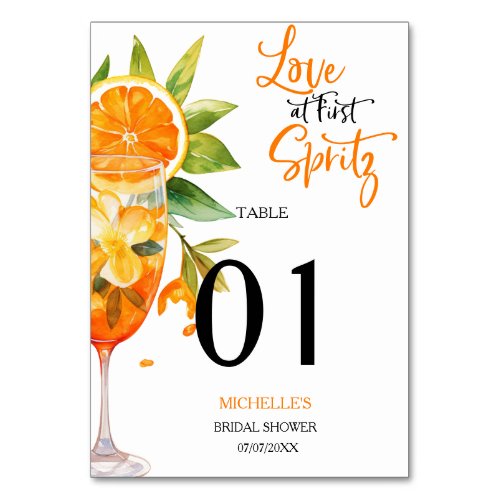 Love at First Spritz Summer Cocktail Bridal Shower Table Number