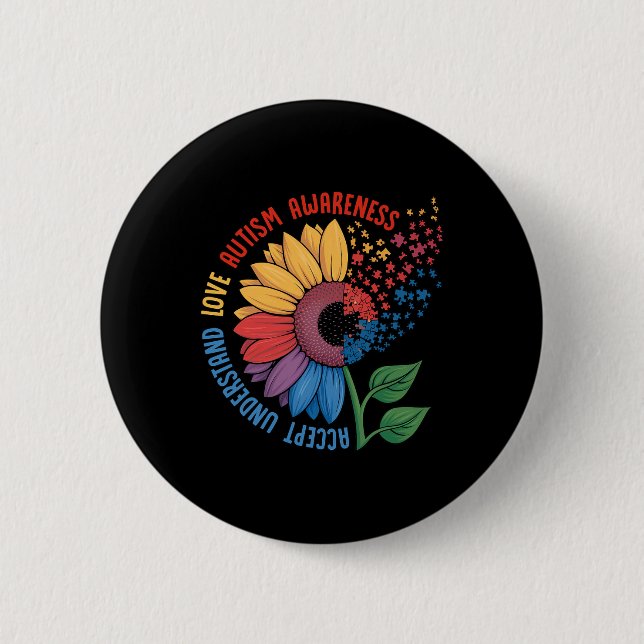 Love Autism Awareness Sunflower Puzzle Piece Quote Button (Front)