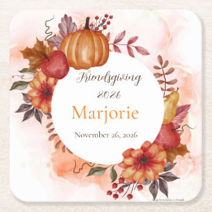 Love Autumn Rustic Thanksgiving Dinner Square Paper Coaster