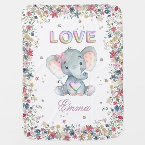 Love Baby Girl Name Cute Elephant Flowers Baby Blanket