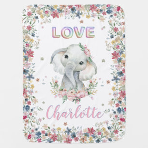 Love Baby Girl Name Cute Elephant Flowers Baby  Blanket
