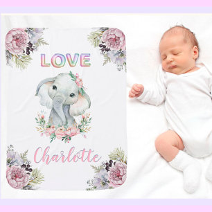 Love Baby Girl Name Cute Elephant Flowers  Blanket
