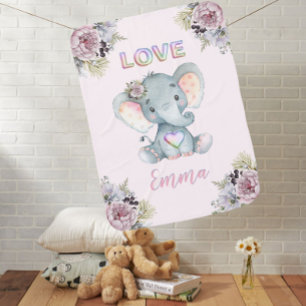 Love Baby Girl Name Cute Elephant Flowers  Blanket