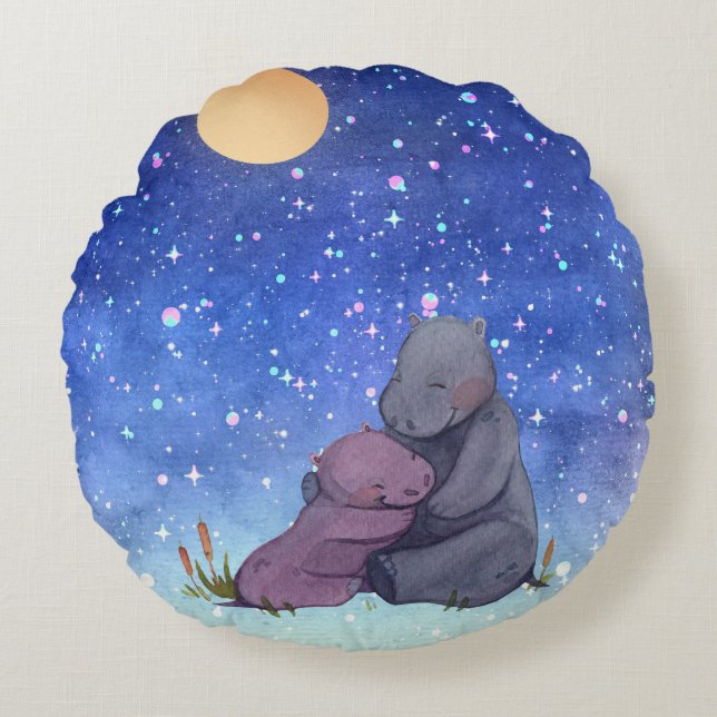 Love, Baby Hippo and her Mother Round Pillow (Front)